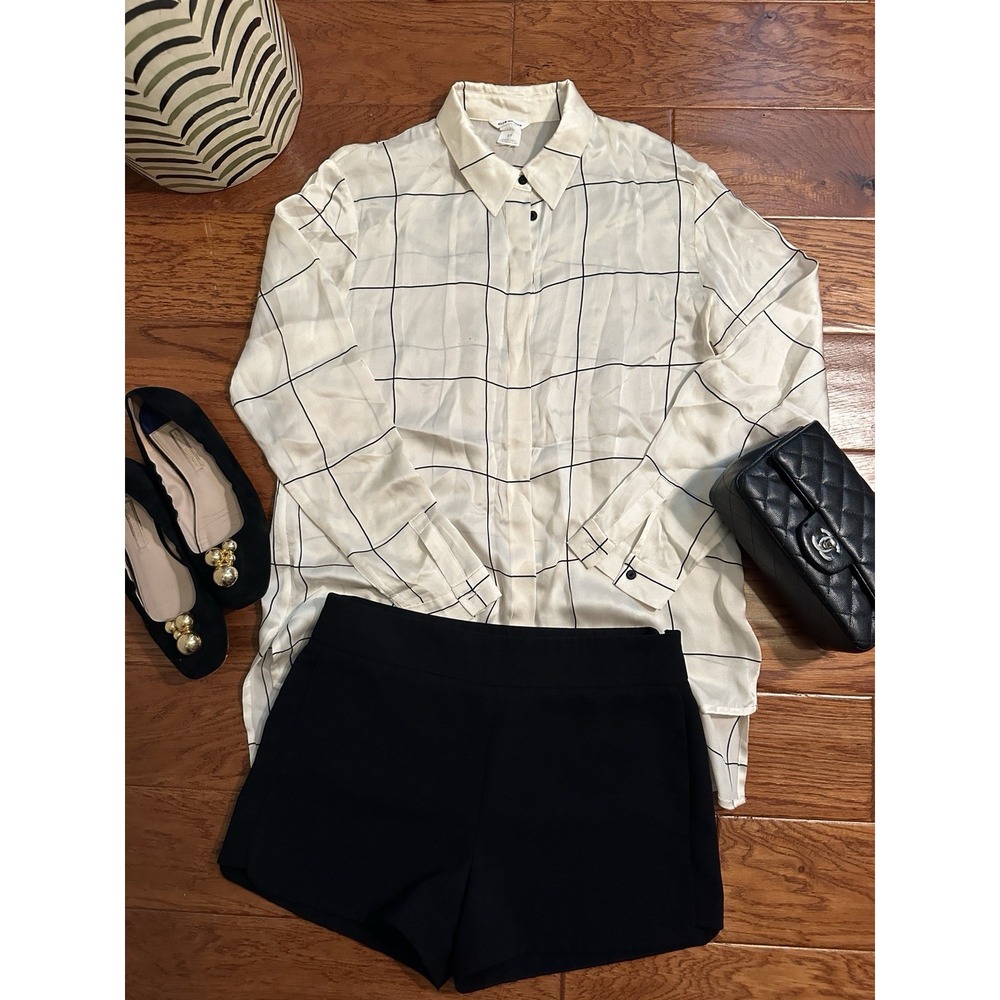 Club Monaco Womens 100% Silk Windowpane Check Shirt Ivory Black Small STAINS